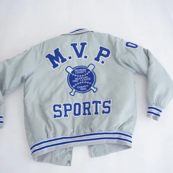 Vintage North Tail Grey Blue MVP Sports Patch Varsity Snap Jacket Large - Picture 9 of 16